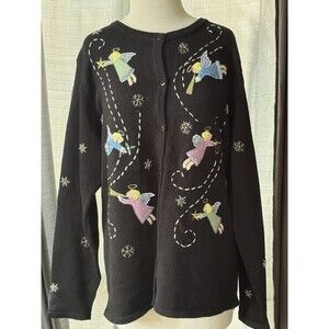 Vintage Quaker Factory Ugly Christmas Holiday Sweater Cardigan Angels Size Large